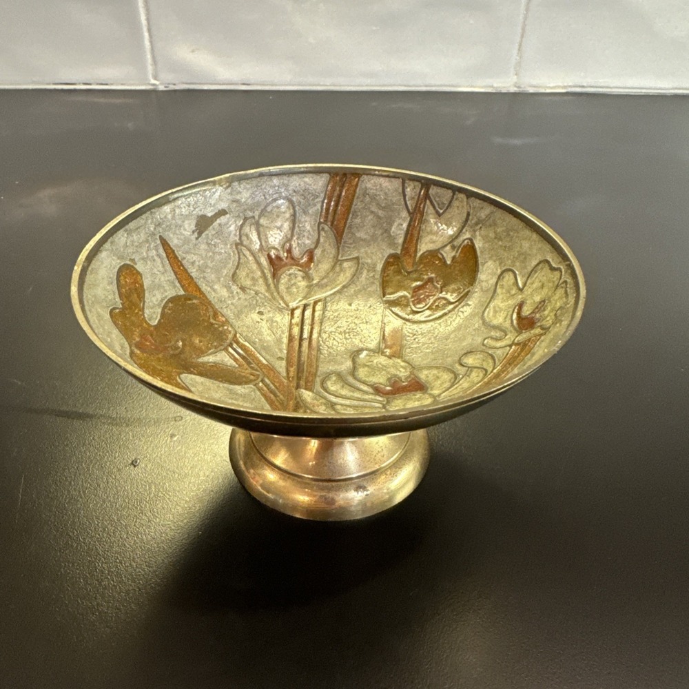 Vintage Brass Pedestal Bowl Enamel  w/ Flowers  5" Diameter